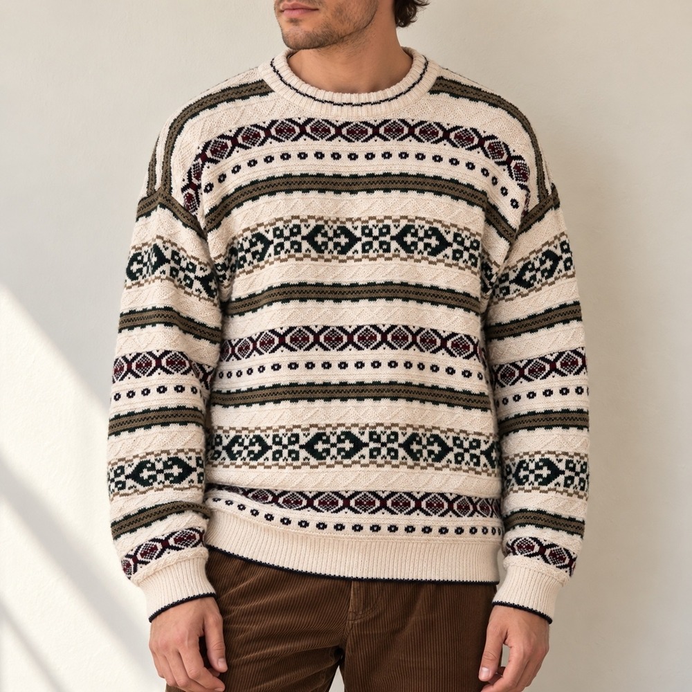 Bill Blass Mens Fair Isle Cotton Sweater M Cream USA Preppy Grandpa
